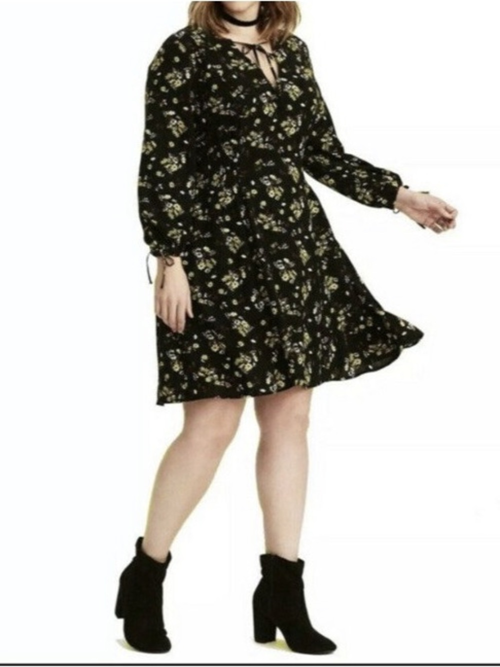 Torrid Size 1 Black Floral Tie-Neck Long Sleeve Dress